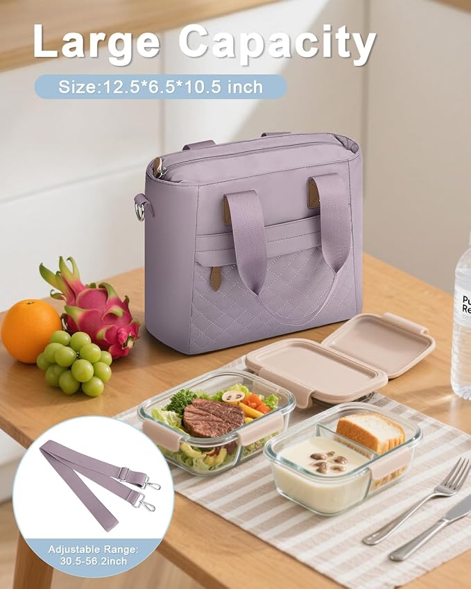 Capolo Insulated Lunch Box for School - Large Thermal Lunch Bag Women with Removable Shoulder Strap, Reusable Lunch Cooler Tote Bags Purse for Adults Work, Picnic, Hiking, Beach, Travel, MediumPurple