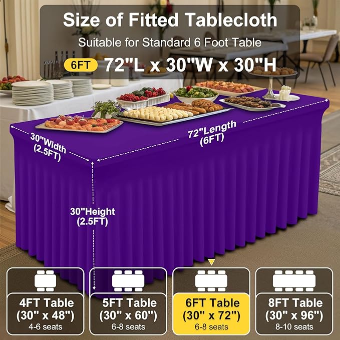 Smiry Spandex Tablecloth 2 Pack, Elastic Fitted Stretch Tablecloth for 6FT Rectangle Tables, Waterproof Washable Table Cover Skirt for Wedding, Banquet & Parties (Purple, 72Lx30Wx30H Inch)