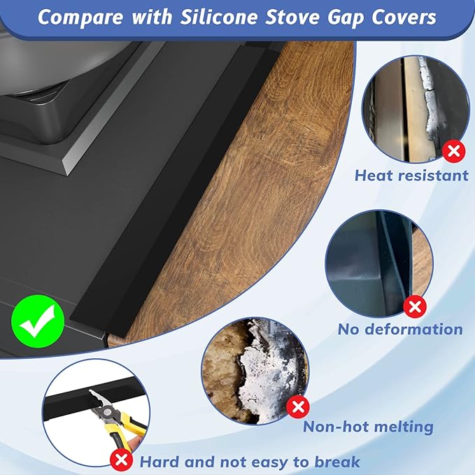 Stove Gap Covers Stainless Steel 2 Packs, 13.8~27.6 Inch Adjustable Heat Resistant Not Sharp Gap Filler, Easy to Clear Stove Counter Gap Cover Suitable for Even Surface (Black)