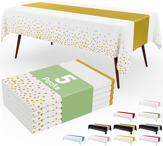 Smiry Plastic Table Cloth Disposable 5 Pack, 54 x 108 Inch Rectangle Waterproof Tablecloth, Printed Gold Table Runner Style for Birthday Weeding, Party Decorations, Leakproof & Sturdy, White and Gold