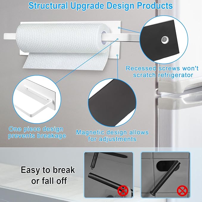 Seropy Magnetic Paper Towel Holder for Fridge, Toilet Paper Roll Holder Magnetic Paper Towel Rack Wall Mount Fridge Organizer for Papers Towels Roll Bathroom RV Decor Kitchen Organization White 1 Pack