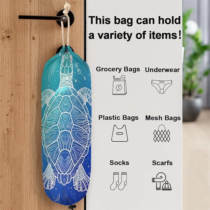 Pardick Summer Plastic Bag Holder Ocean Theme Sea Turtle Wall Mount Grocery Bag Holder Washable Plastic Bag Dispenser Garbage Bag Organizer for Home Kitchen Decor, Gifts for Women Mom Family Friends