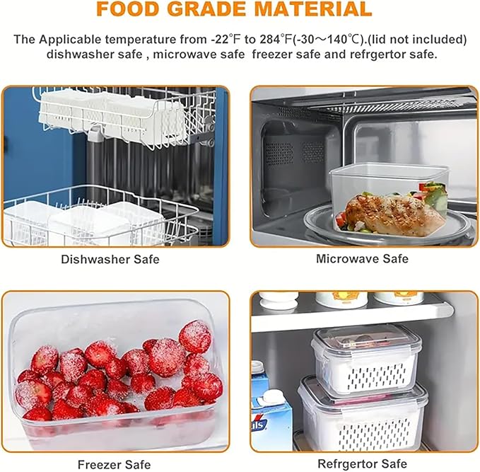 3Pcs 4 in 1 Fruit Containers for Fridge with Removable Colanders and Lids, Airtight Storage Container to Keep Fruits, Vegetables, Berry, Meat Fresh Longer, Dishwasher & Microwave Safe