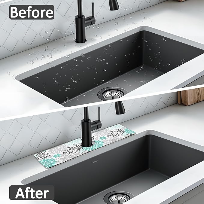 15" X 5.5" Kitchen Sink Splash Guard Faucet Mat Floral Super Absorbent Fast Drying Faucet Guard & Draining Mat Sink Splash Guard Behind Faucet for Kitchen, Bathroom