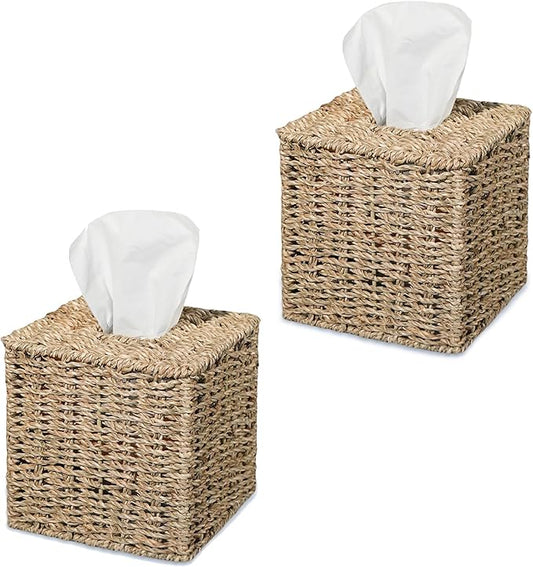 Set of 2 Seagrass Handwoven Wicker Tissue Box Cover, Natural Handmade Napkin Box Holder, Handcrafted Square Facial Tissue Holder for Bathroom, Rustic Decorative on Table and Bathroom,Boho Decorative