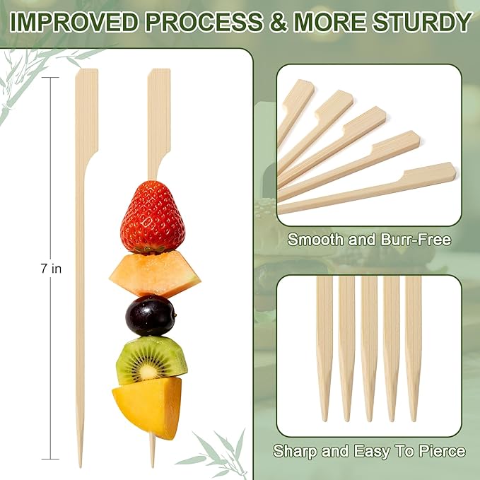 200PCS Bamboo Skewers for Appetizers, 7 IN Long Fancy Toothpicks for Appetizers Cocktail Picks, Flat Paddle Wooden Skewers Food Sticks for Party Fruit Kabobs BBQ Grilling Charcuterie Accessories