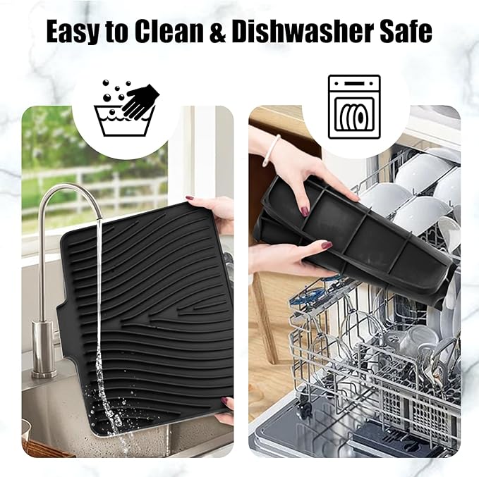 Silicone Dish Drying Mat for Kitchen Counter, Dish Drying Pad, Non-Slip Drain Pad with Built-in Drain, Heat Resistant Stone Drying Mat(16" x 12", Black)