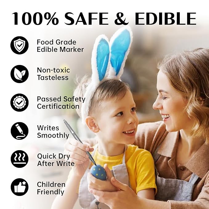 Edible Markers 3Pcs Black & White Food Coloring Pens – Double-Sided Fine & Thick Tips Edible Food Pens for Cookie Decorating, Fondant, Cakes, Desserts, Easter Eggs