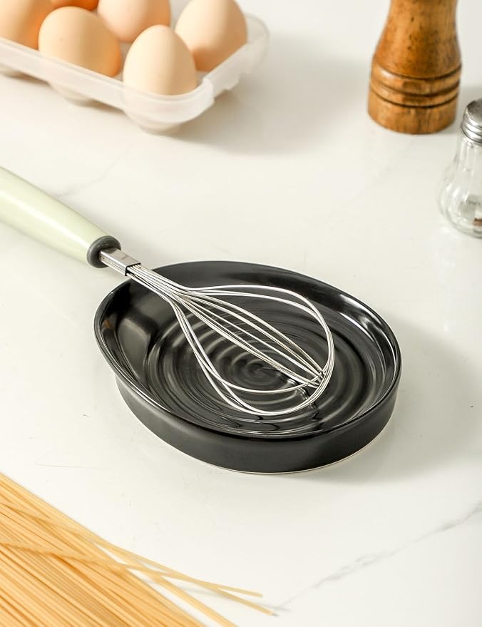 Ceramic Spoon Rest for Stove Top, Spoon Holder for Kitchen Counter, Farmhouse Cooking Utensil Holder for Spoons, Ladles, Spatula, Matte Black