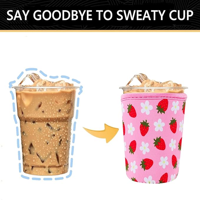 YR Reusable Neoprene Insulator Sleeve for Iced Coffee Cups, 3 Pack Coffee Coolies sleeves for Iced & Hot Drinks, Cold Beverage Cooler Compatible with Starbucks Coffee and More (Strawberry)