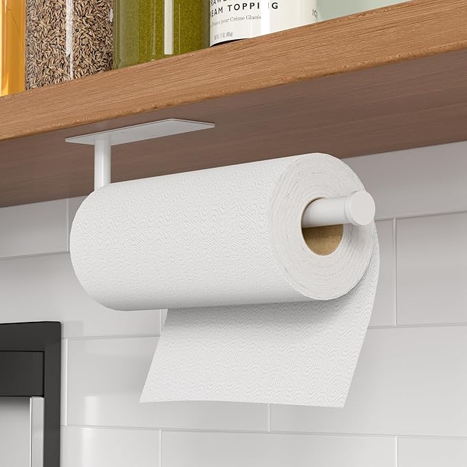 Paper Towel Holder Under Cabinet, Self-Adhesive,No Drilling, Stainless Steel, Wall-Mounted for Kitchen and Bathroom, Easy Install, Durable, Space-Saving, Ideal for Home, RV (White, 2 Pack)