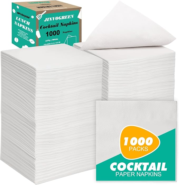 JINVOGREEN 1000 Count Cocktail Napkins Bulk 2-Ply White Beverage Paper Napkins Disposable for Bars, Lunch, Parties, Restaurant and Everyday Use - 5.3 x 5.3 Inch Folded
