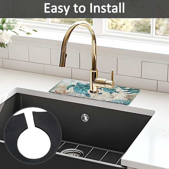 2PCS 15" X 5.5" Kitchen Sink Splash Guard Faucet Mat Sea Turtles Super Absorbent Fast Drying Faucet Guard & Draining Mat Sink Splash Guard Behind Faucet for Kitchen, Bathroom