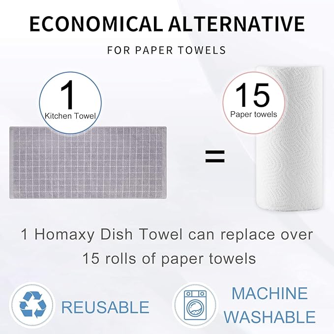 Homaxy 100% Cotton Terry Kitchen Towels(White and Light Grey, 13 x 28 Inches), Checkered Designed, Soft and Super Absorbent Dish Towels, 6 Pack