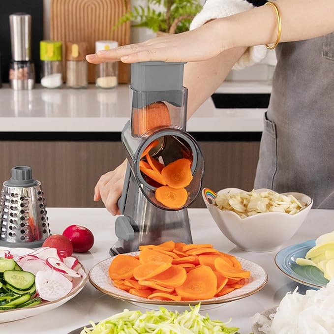 KalraMay Cheese Grater,Rotary Cheese Grater with Handle, Multifunctional Rotary Cheese Shredder Effortlessly Grates Cheese, Vegetables, and Fruits (Gray)