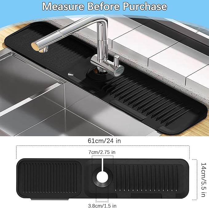 Silicone Sink Splash Guard Mat with Slanted Design,24*5.5 Inch Large Non-Slip Base,Multi-Surface Protector for Kitchen,Bathroom,Laundry,RV,Easy Clean Water Deflector Accessory(black)