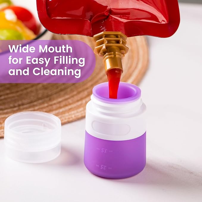 MICEBAY Condiment Squeeze Bottles for Sauces, 1-oz Mini Silicone Salad Dressing Container to Go with Snack Storage Bag, Leakproof Sauce Bottles for Lunch Box, 4 Pack, Purple