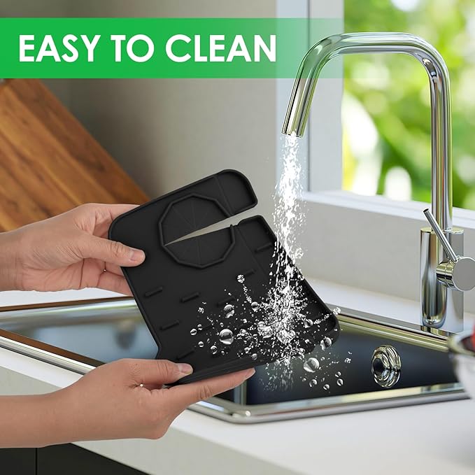Sink Faucet Splash Guard Mat Silicone Soap Dish Pad Faucet Handle Drip Catch Sponge Holder Sink Protector Trays for Bathroom Kitchen Countertop Gadgets Accessories 8.3 x 5.7 Inch(Black)