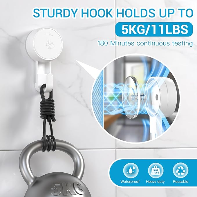 LUXEAR Heavy Duty Waterproof Shower Hooks 2 Pack - Suction Hook, No Drill Damage-Free Removable Reusable Wall Hooks for Bathroom Kitchen Towel Bathrobe Loofah Shower Hooks (Max Load 11LB/5KG)