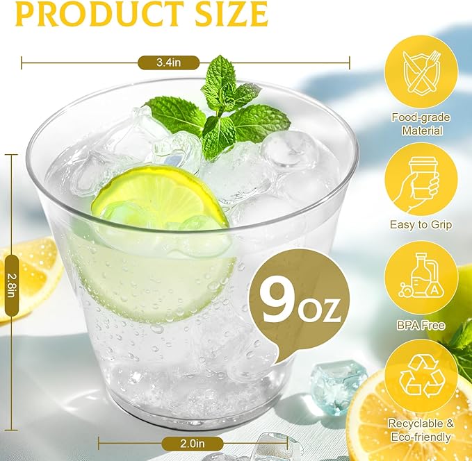 150 Pack Plastic Cups 9 oz Clear Plastic Cups for Cocktail Fancy Disposable Cup for Party Stemless Wine Glasses for Party Wedding Graduation World Cup
