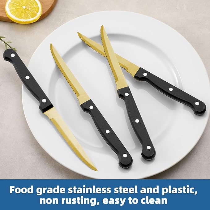 Gold Steak Knives Set of 8, Sharp Triple Rivet Steak Knife, High-Carbon Stainless Steel Serrated Blades, Ergonomic Handles Serrated Steak Knives, Dinner Knife for Kitchen Restaurant, Dishwasher Safe