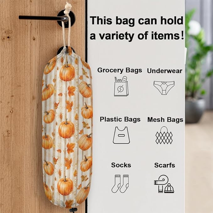 Plastic Bag Holder Thanksgiving Autumn Fall Pumpkin Wall Mount Grocery Bag Holder Wasgable Plastic Bag Dispenser Garbage Bag Organizer for Home Kitchen Decor, Gifts for Women Mom Family Friends
