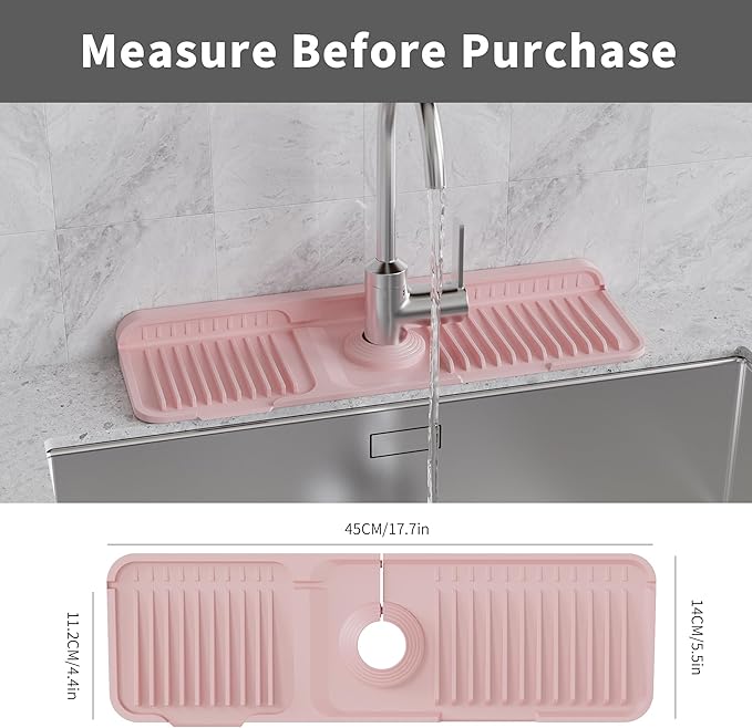 WAFT YEARN 17X5 Inch Silicone Durable Faucet Mat Kitchen Sink Splash Guard Draining Protector Tray Liner Absorbent Protective Counter Accessories For Sink Kitchen Bathroom Laundry Room Bar & RV Pink