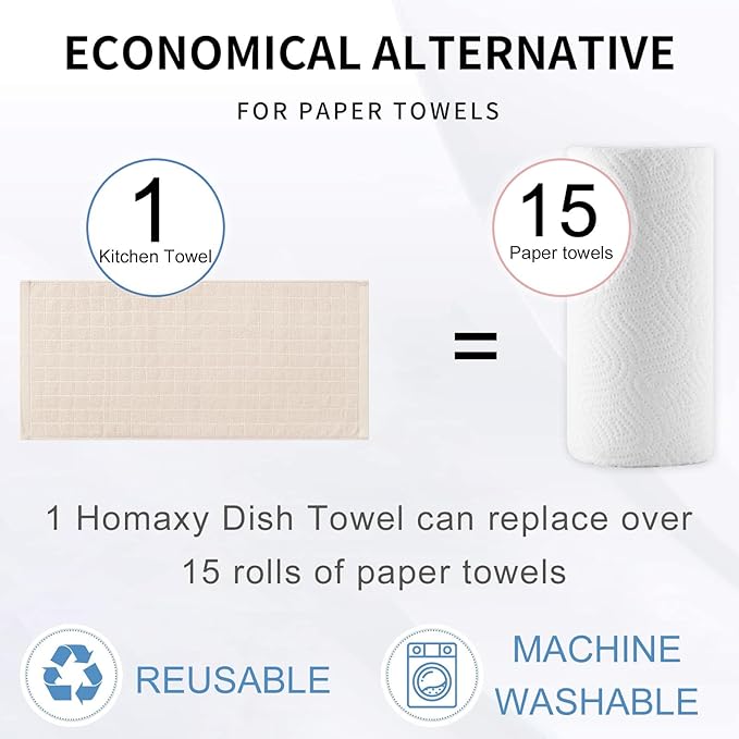 Homaxy 100% Cotton Terry Kitchen Towels(Beige, 13 x 28 inches), Checkered Designed, Soft and Super Absorbent Dish Towels, 5 Pack
