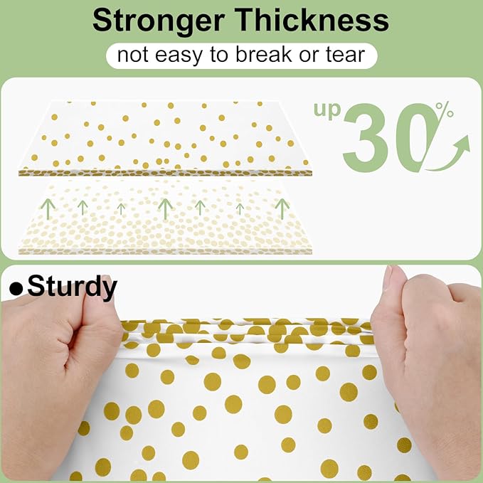 Smiry Plastic Table Cloth Disposable 10 Pack, 54 x 108 Inch Rectangle Waterproof Tablecloth, Printed Gold Table Runner Style for Birthday Weeding, Party Decorations, Leakproof & Sturdy, White and Gold