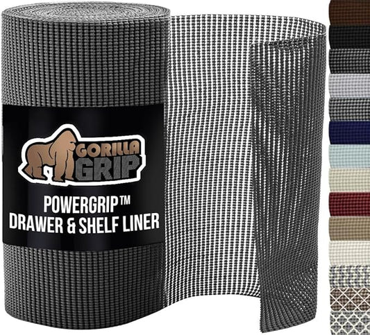 GORILLA GRIP powerGRIP Drawer Shelf and Cabinet Liner, Thick Strong Hold, Non-Adhesive Liners Protect Kitchen Cabinets and Cupboard, Bathroom Drawers, Easy Install, Breathable Mat, 20" x20', Charcoal