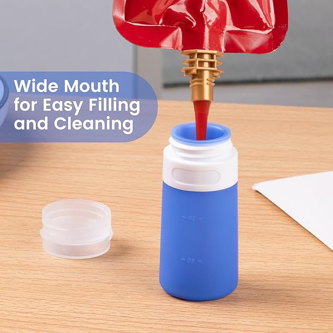 MICEBAY Condiment Squeeze Bottles for Sauces, 2-oz Mini Silicone Salad Dressing Container to Go with Snack Storage Bag, Leakproof Sauce Bottles for Lunch Box, 4 Pack, Blue