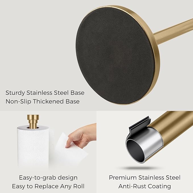Warm Gold Paper Towel Holder Countertop, Freestanding Paper Towel Stand with Weighted Non-Slip Base, Easy Assembly, Unique Decorative End Cap for Kitchen and Bathroom