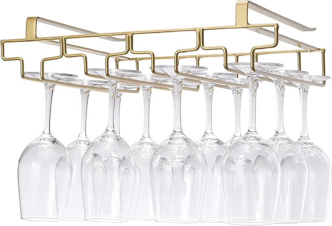 Wine Glass Rack Under Cabinet, Drilling Free No Screw Steamware Holder Under Shelf Metal Wine Glasses Holders 304 Stainless Steel Hanger Storage Organizer Hanging Glass Fit for Bar Kitchen 4 Rows Gold