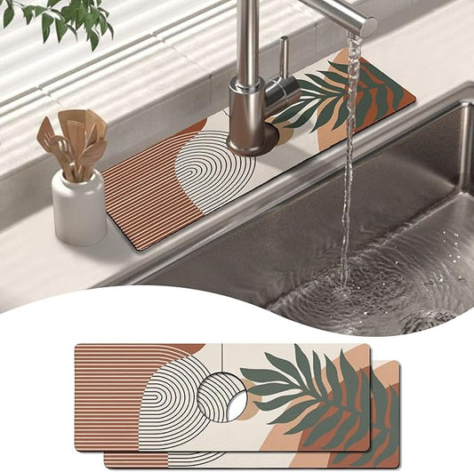 2 Pack 2 Pack Kitchen Sink Splash Guard Faucet Mat 15" X 5.5" Boho Absorbent Fast Drying Mat Faucet Draining Mat Sink Splash Guard Behind Faucet Drip Catcher for Kitchen Bathroom
