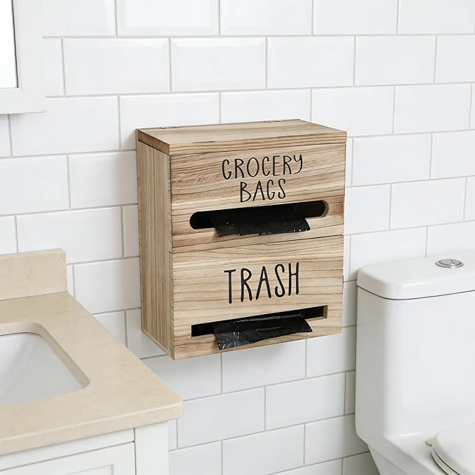 2 in 1 Trash Bag Dispenser, Double Wall Mounted,Wood Trash Bag Holder, used in kitchen, garage, laundry room, can store Environmentally friendly food bags (White/Brown(10inch*5.5inch*12.2inch）)