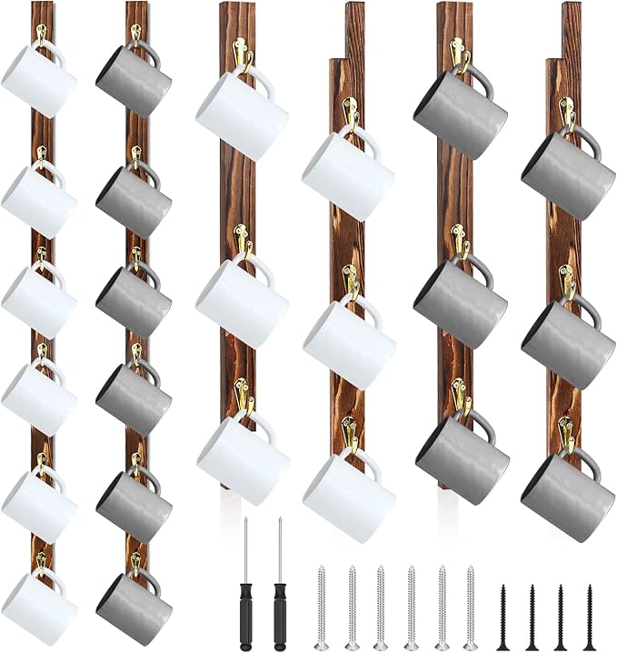 2 Pack Coffee Mug Wall Rack with 12 Hooks Burnt Wood Wall Mounted Coffee Mug Holder Brown Coffee Cup Organizer Coffee Mug Shelf Hanger Espresso Cup Hanging Rack Tea Cup Display Stand for Bar