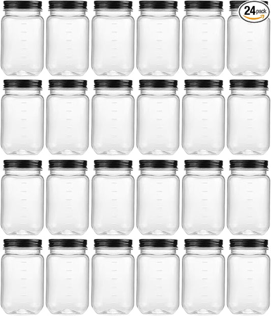 novelinks 16 oz Clear Plastic Jars with Lids, Refillable 16oz Mason Jars with Lids & Storage Containers for Kitchen & Household Use (24 Pack,Black)