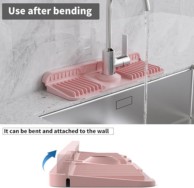 WAFT YEARN 14X5 Inch Silicone Durable Faucet Mat Kitchen Sink Splash Guard Draining Protector Tray Liner Absorbent Protective Counter Accessories For Sink Kitchen Bathroom Laundry Room Bar & RV Pink