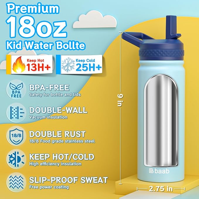 baab 18oz Kids Water Bottle, Insulated Water Bottle with Straw & Stickers, 18/8 Stainless Steel Vacuum Leakproof Kids Water Straw Cup for School, Perfect for Boy Girl (Light Blue, 1 Pack)