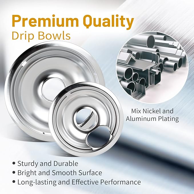4 Pack Chrome Drip Pans, Compatible with Whirpool Kenmore Frigirate Stove Top Drip Bowls. Include 2 Pcs 6'' Range Replacement Drip Pans and 2 Pcs 8 '' Cooktop Drip Pans