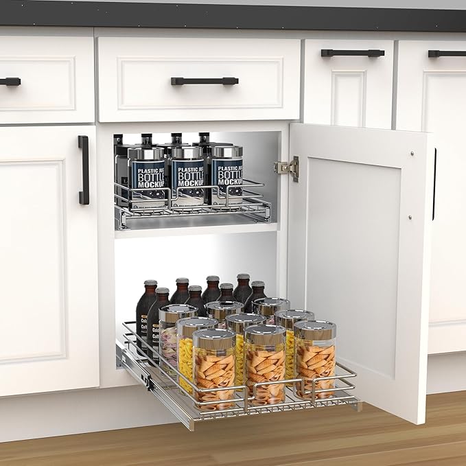 Pull Out Cabinet Organizer, Heavy-Duty Metal Sliding Drawer Shelf for Kitchen Cabinets, Chrome, Doesn't Include Door Fittings (11*21 IN)