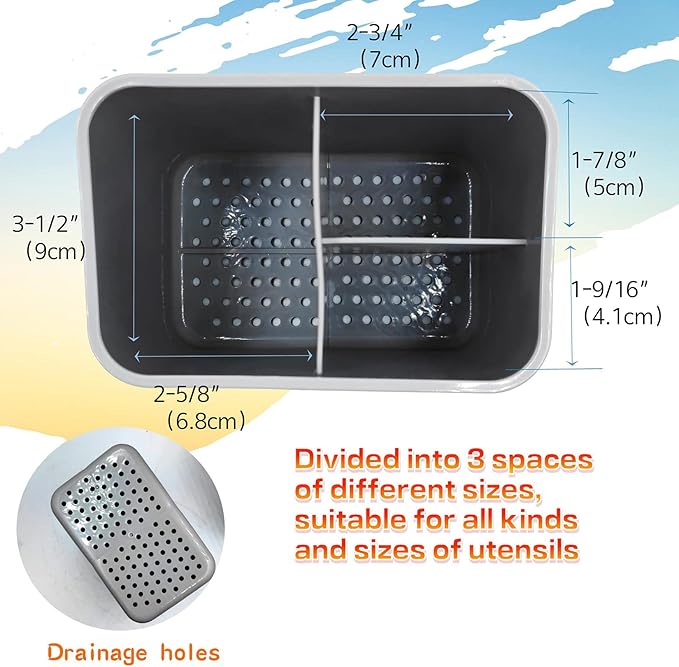 Kitchen Dish Brush Holder, Utensil Drying Caddy, Scrubber/Bottle Brush/Sponge Holder, Kitchen Sink Counter Organizer with Removable Drain Tray, Plastic (Gray and White)