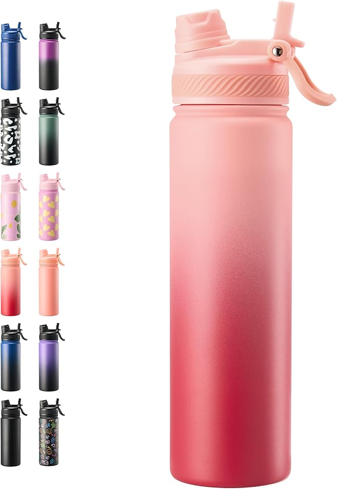 Fijinhom 24 oz Insulated Water Bottle, 2-in-1 Straw and Spout Lid Stainless Steel Thermos, Leak-Proof, Double Wall Vacuum Flask, Keep Cold 24H for Outdoor, Sports, Travel, School (Red Gradient)
