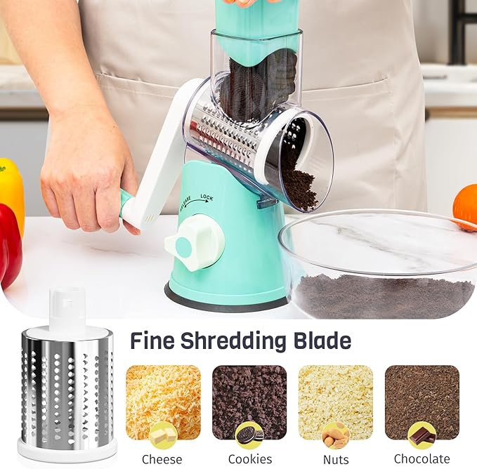 Cheese Grater Hand Crank, Rotary Cheese Shredder with 3 Interchangeable Blades for Coarse, Fine Shredding and Slicing, Strong Suction Base for Pizza, Pasta, Salad, Vegetables, Nuts, Chocolate