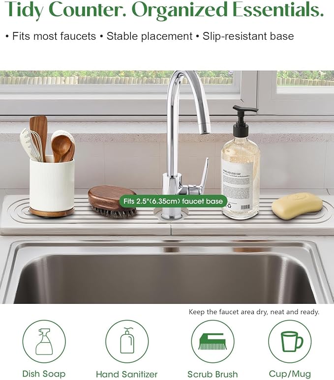 Stone Drying Mat for Kitchen Faucet: Diatomite Stone Drying Tray - Fast Water Absorbent Kitchen Sink Splash Guard for Bathroom Faucet & Counter - Ideal for Moms & Housewife (White, 23.6" x 3.94")