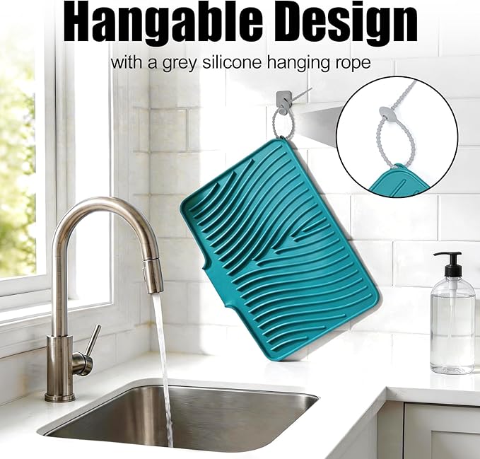 Silicone Dish Drying Mat, Stone Drying Mat for Kitchen Counter with Built-In Drain, Non-Slip Drain Pad with Built-in Drain, Heat Resistant Stone Drying Mat, 1Pcs 20" x 15", Green