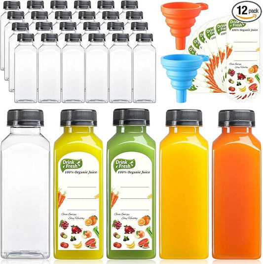 12 Pack, 12 OZ Reusable Plastic Juice Bottles with Caps, Plus 12 Labels & 2 Silicone Funnels - Clear Juicing Bottles for Juice, Smoothies, Ginger, Tea, Coffee - Food Grade & Leakproof Travel Bottles