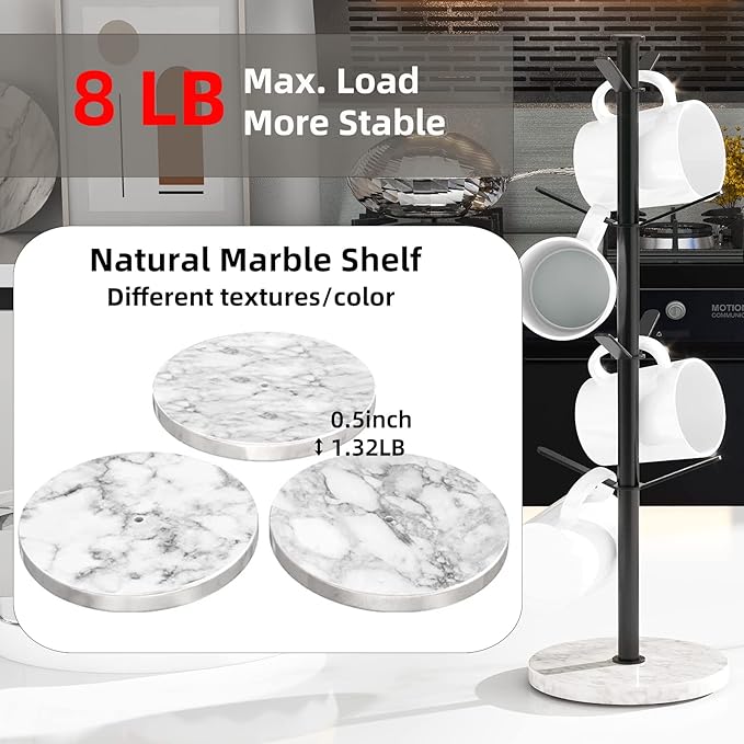 Gypie Marble Mug Holder Tree, 8 Hooks Coffee Cups Stand, New Upgraded Stable Mug Stand for Kitchen Counter Cabinet Cafe Black