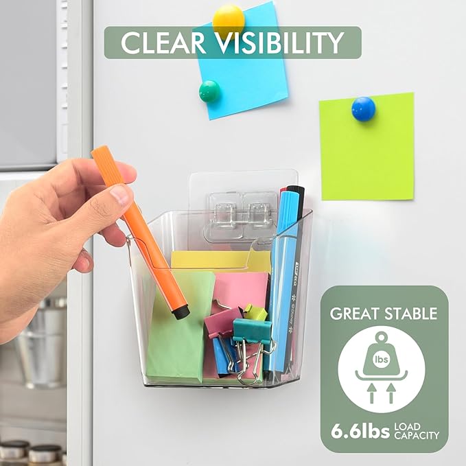 Clear Adhesive Wall Storage Bins, 4 Pack Cabinet Door Organizer Holders, Hanging Wall Mount Pockets, Plastic Cups for Shower Bathroom Makeup Office Craft Remote Kitchen Sink RV Organization (Large)