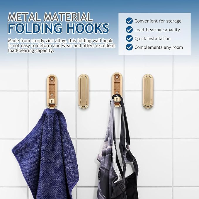Gold Foldable Wall Hooks, Metal Foldable Hooks Wall Wount for Bathroom, Kitchen, Bedroom – Space-Saving, for Towels, Coats, Bags, Easy Installation (Gold, 4PCS)